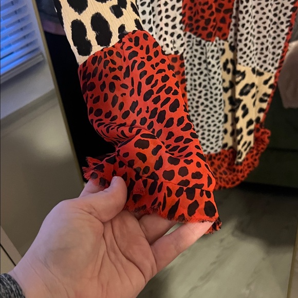 Umgee Red, Black, Cream Animal Print Patchwork Blouse - Picture 4 of 8